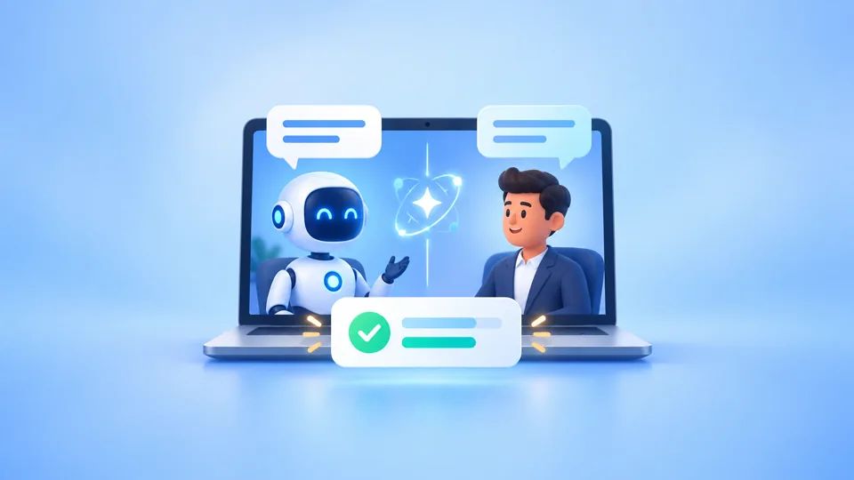 Concept illustration of a candidate practicing an interview with an AI interviewer and receiving feedback