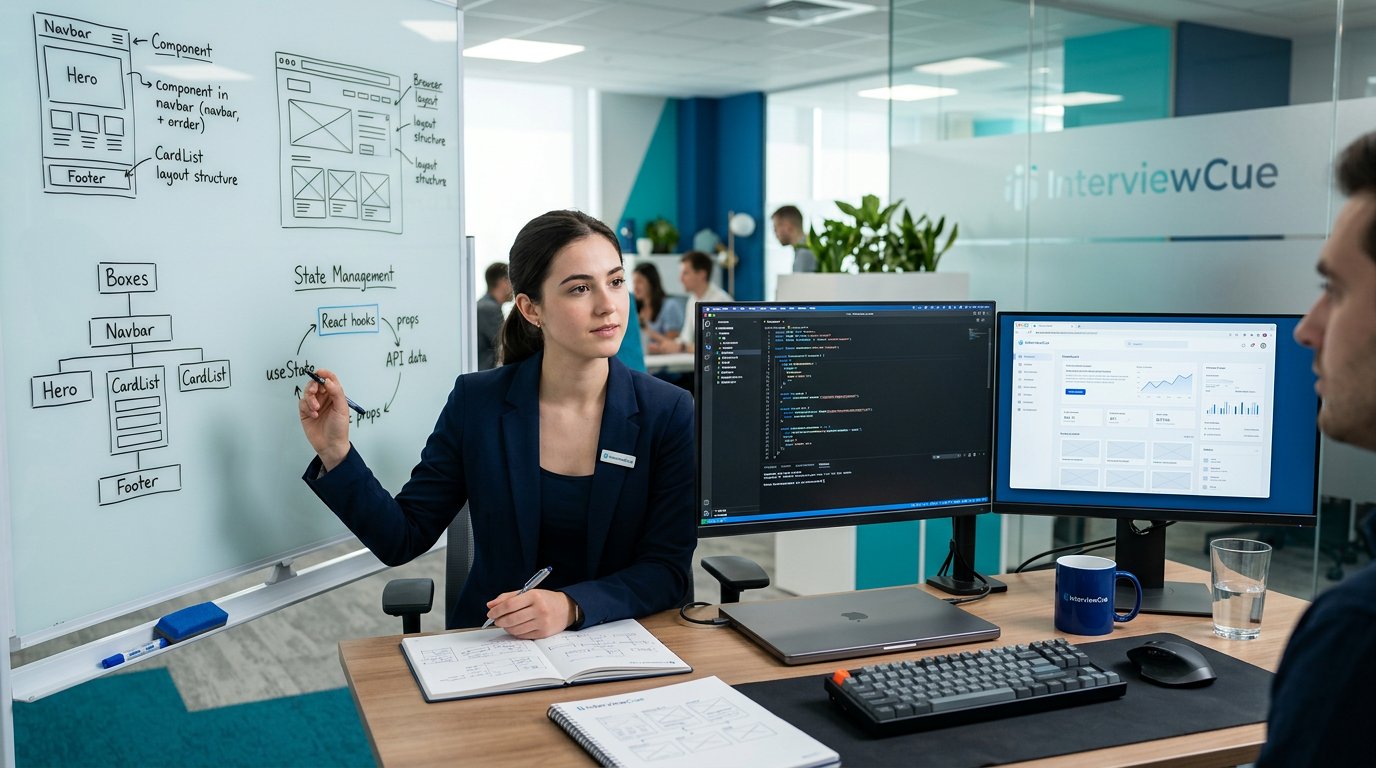 A frontend engineer practicing a UI interview at a dual-monitor desk with blue and teal lighting.