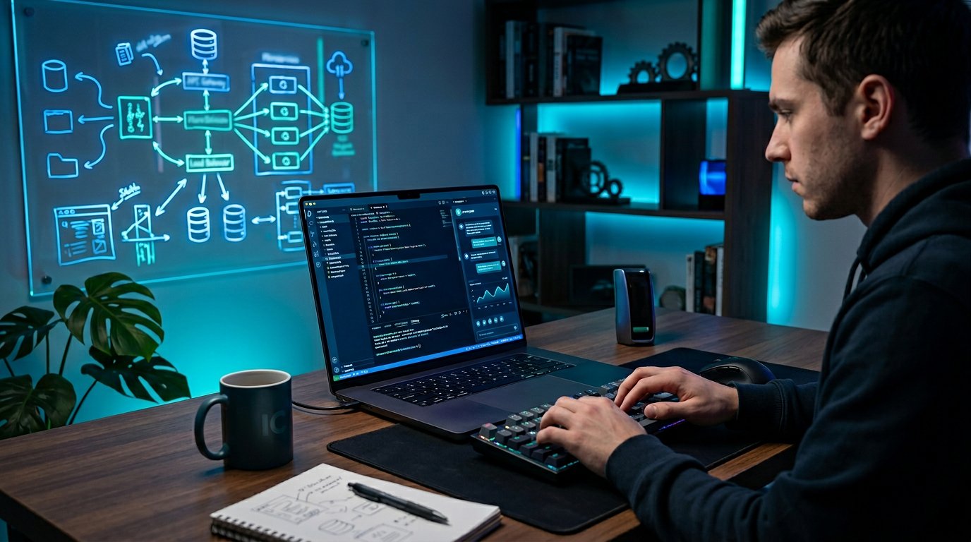 Software engineer practicing with an AI interview copilot in a blue-lit technical workspace