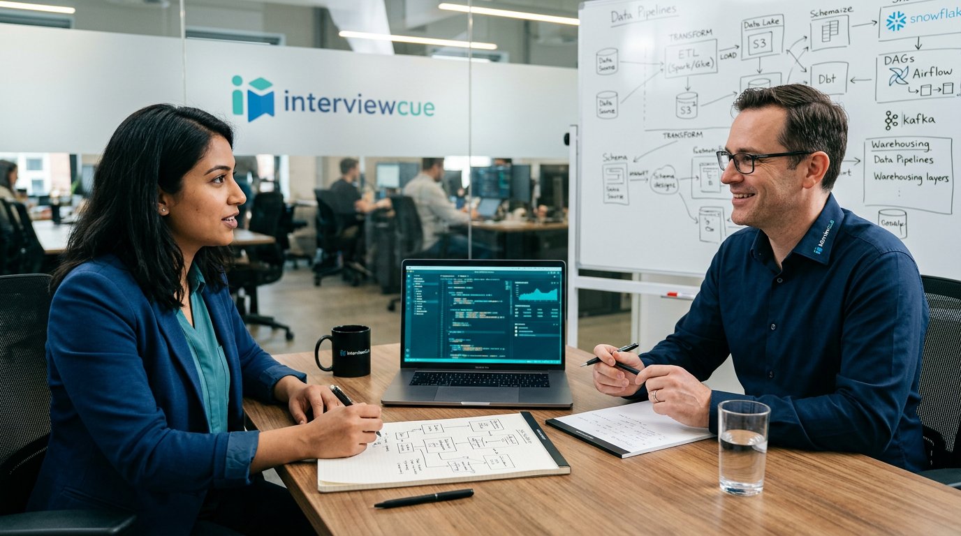 A data engineer preparing for an interview with pipeline diagrams and analytics dashboards in a blue and teal workspace.