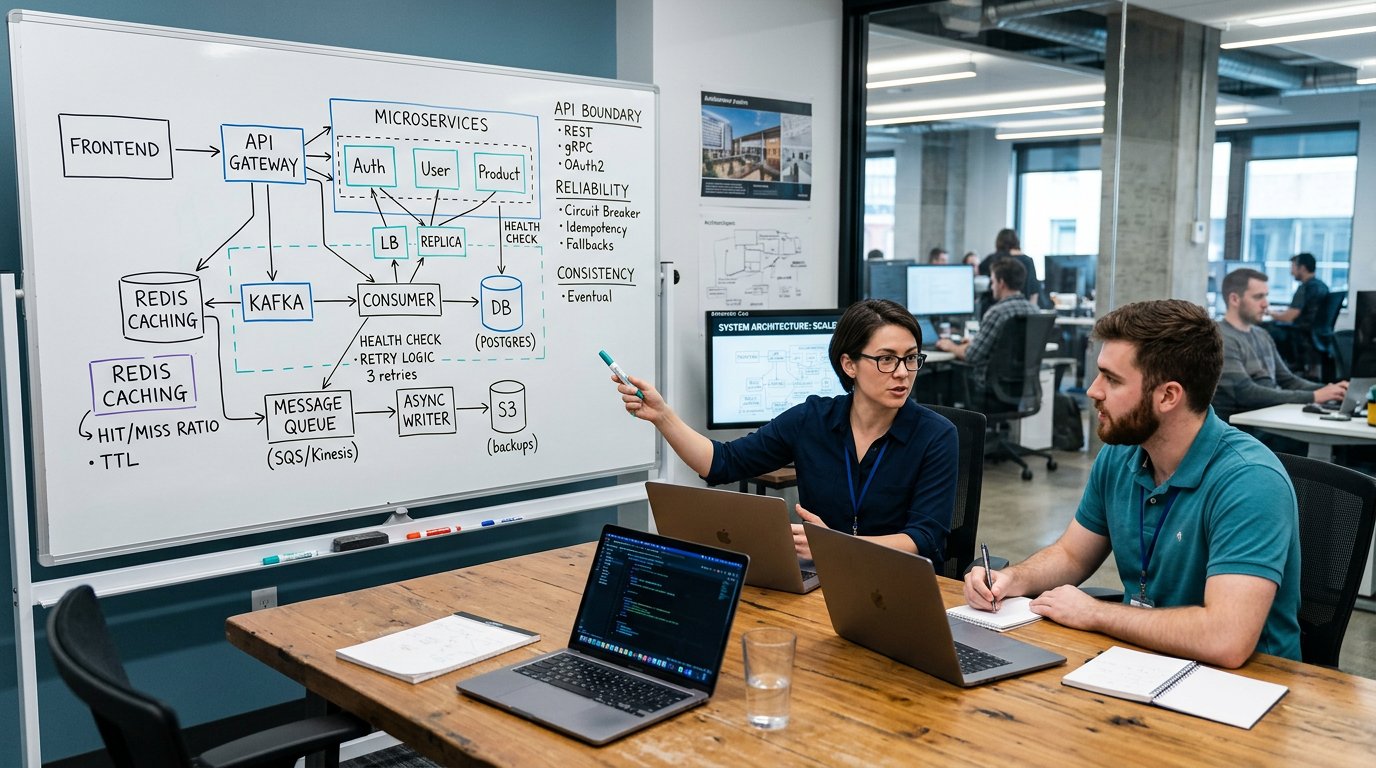 A backend architecture interview workspace with distributed systems diagrams, API notes, and blue teal lighting.
