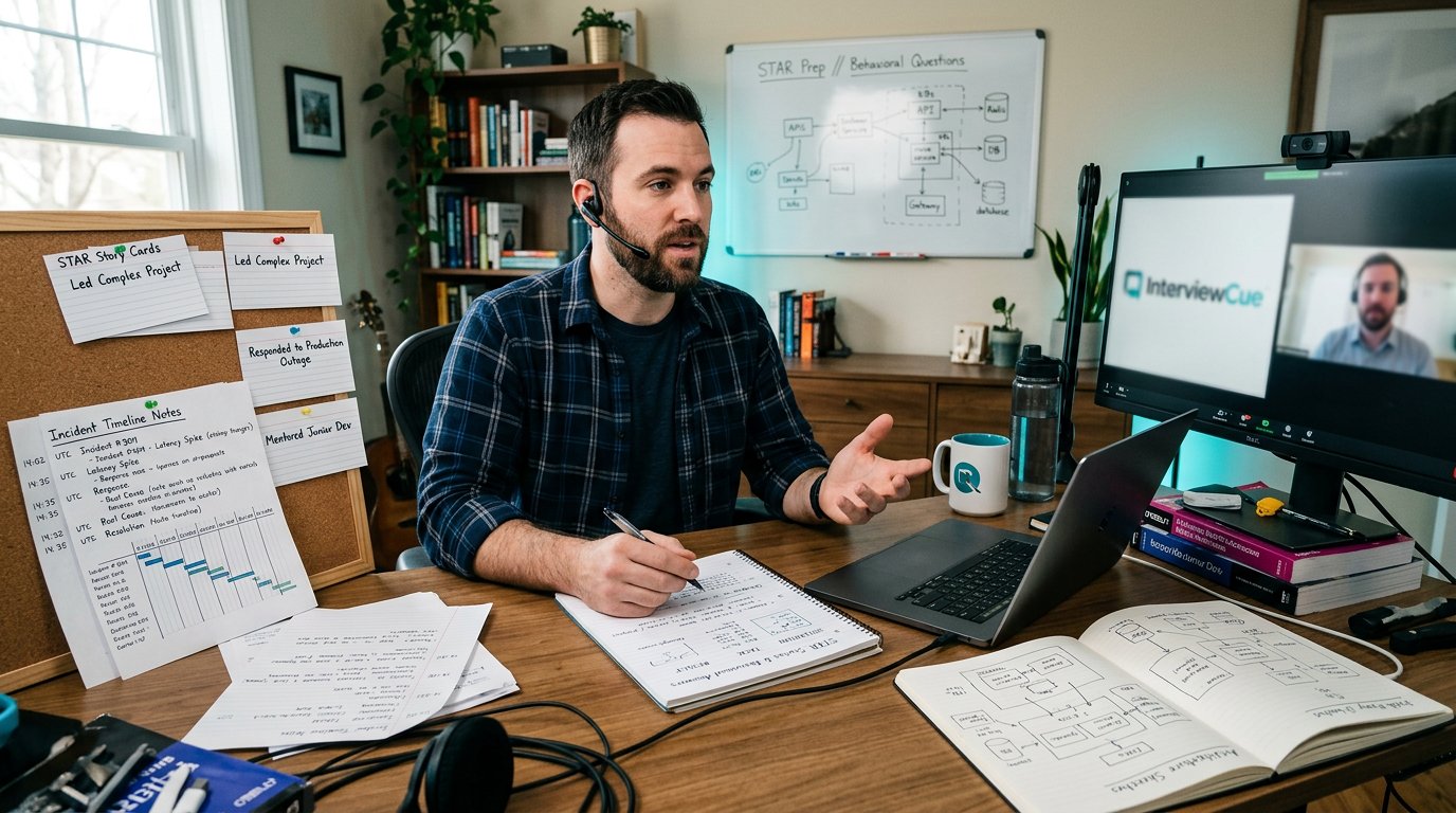 A software engineer rehearsing behavioral interview stories with notes, incident timelines, and blue teal lighting.