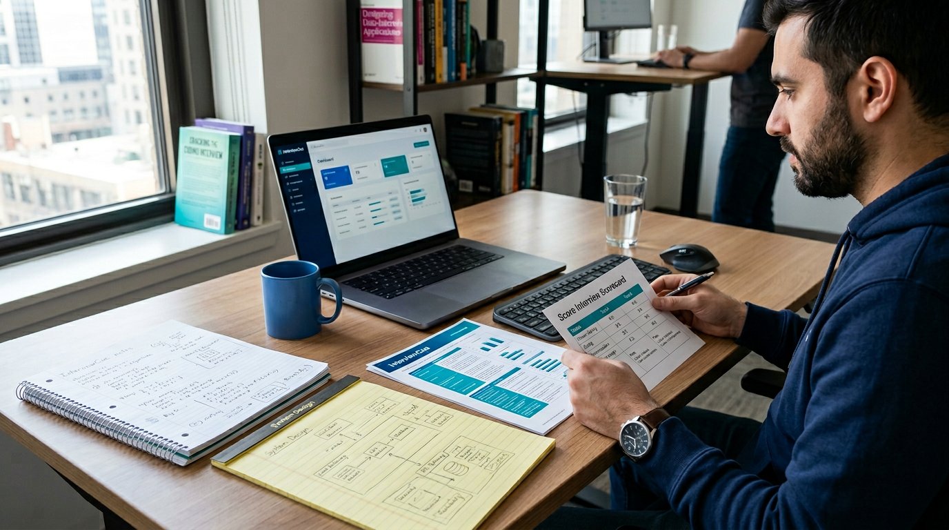 A technical interview prep workspace comparing mock interview tool options with blue teal lighting.