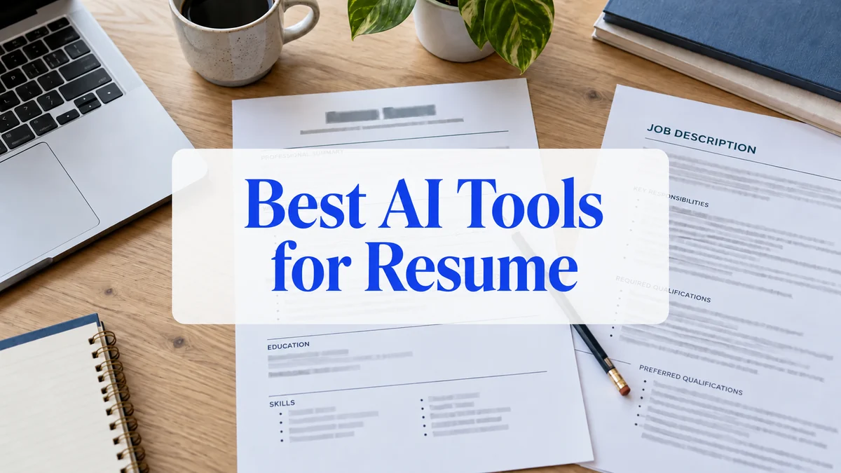 A resume and job description on a desk behind a translucent white panel reading Best AI Tools for Resume.