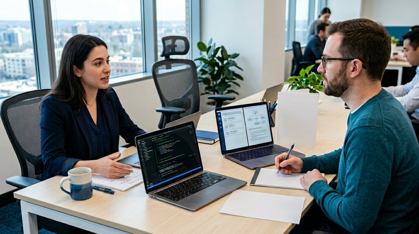 A software engineer interview workspace with policy notes, coding prompts, and blue teal lighting.