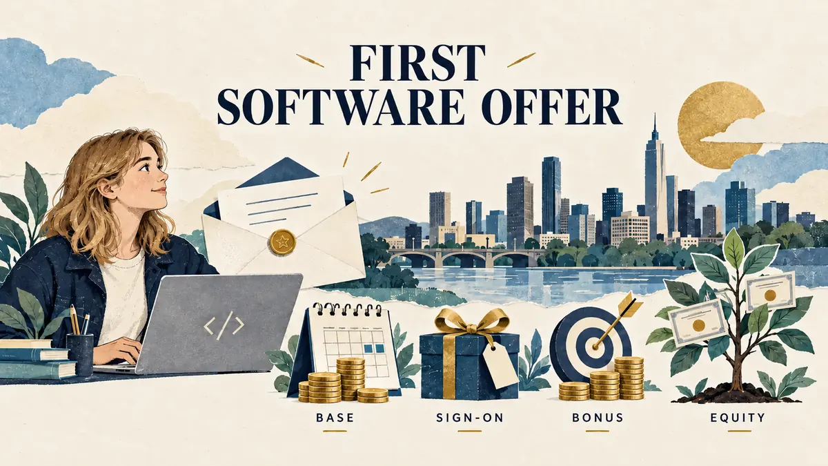 White woman software engineer reviewing a first offer beside symbols for recurring base salary, sign-on cash, bonus, and equity.