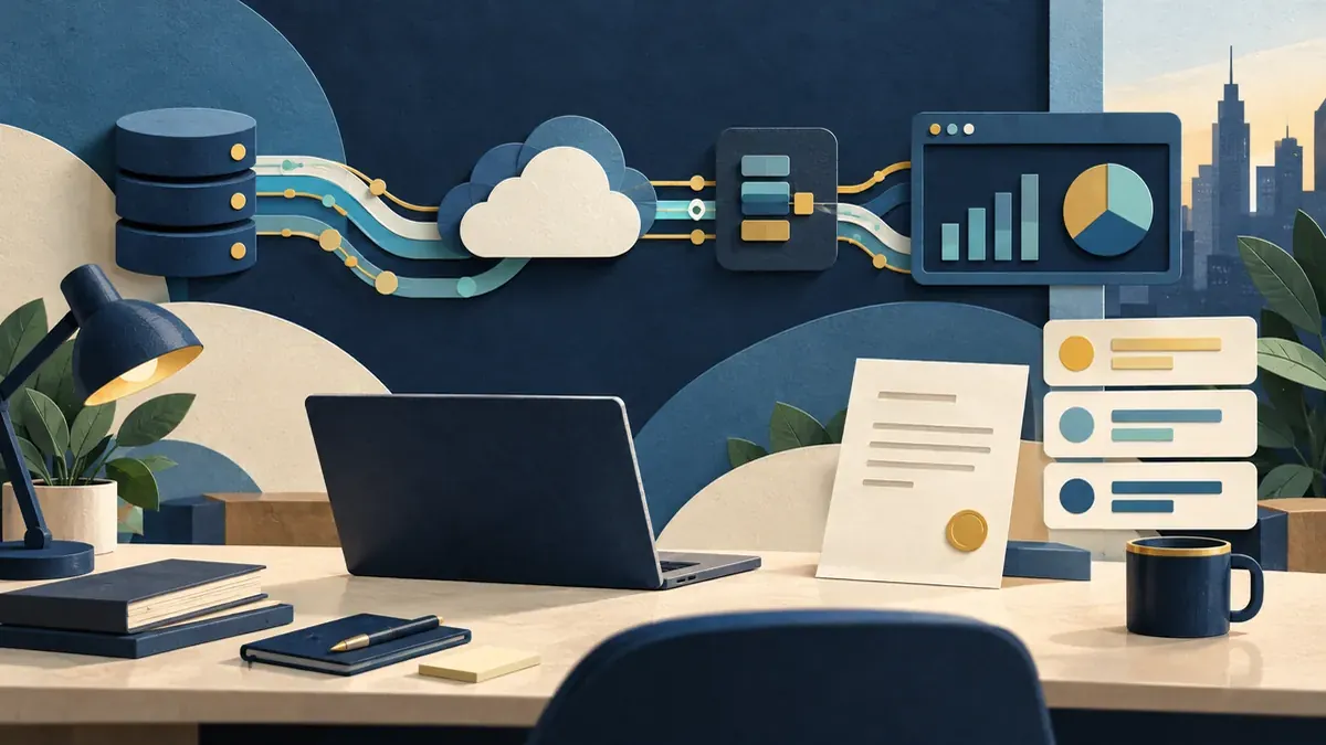 Illustrated data engineering workspace with a data pipeline, an offer document, and compensation cards.