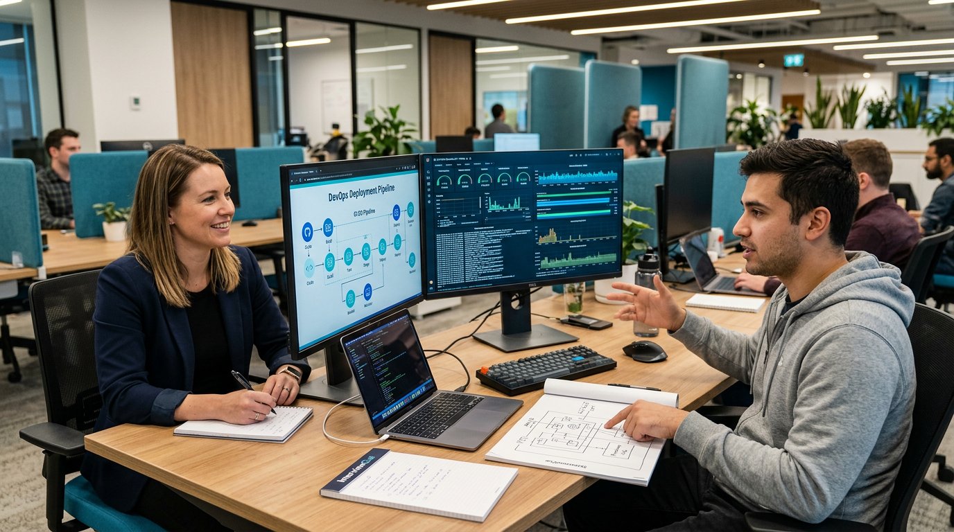 A DevOps candidate reviewing deployment pipelines and reliability diagrams in a blue and teal interview prep workspace.