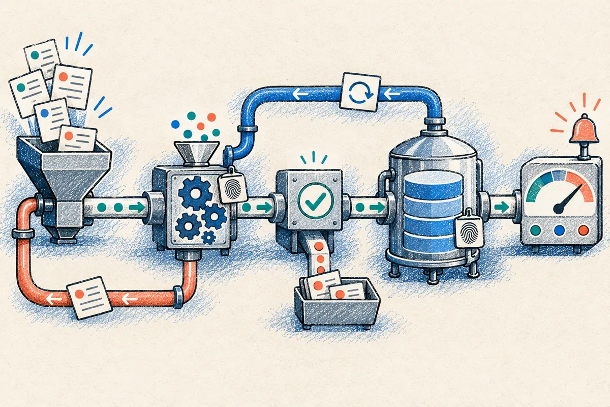 Pipeline diagram from ingestion through transformation, quality, storage, and monitoring, with retry, quarantine, idempotency, and backfill paths