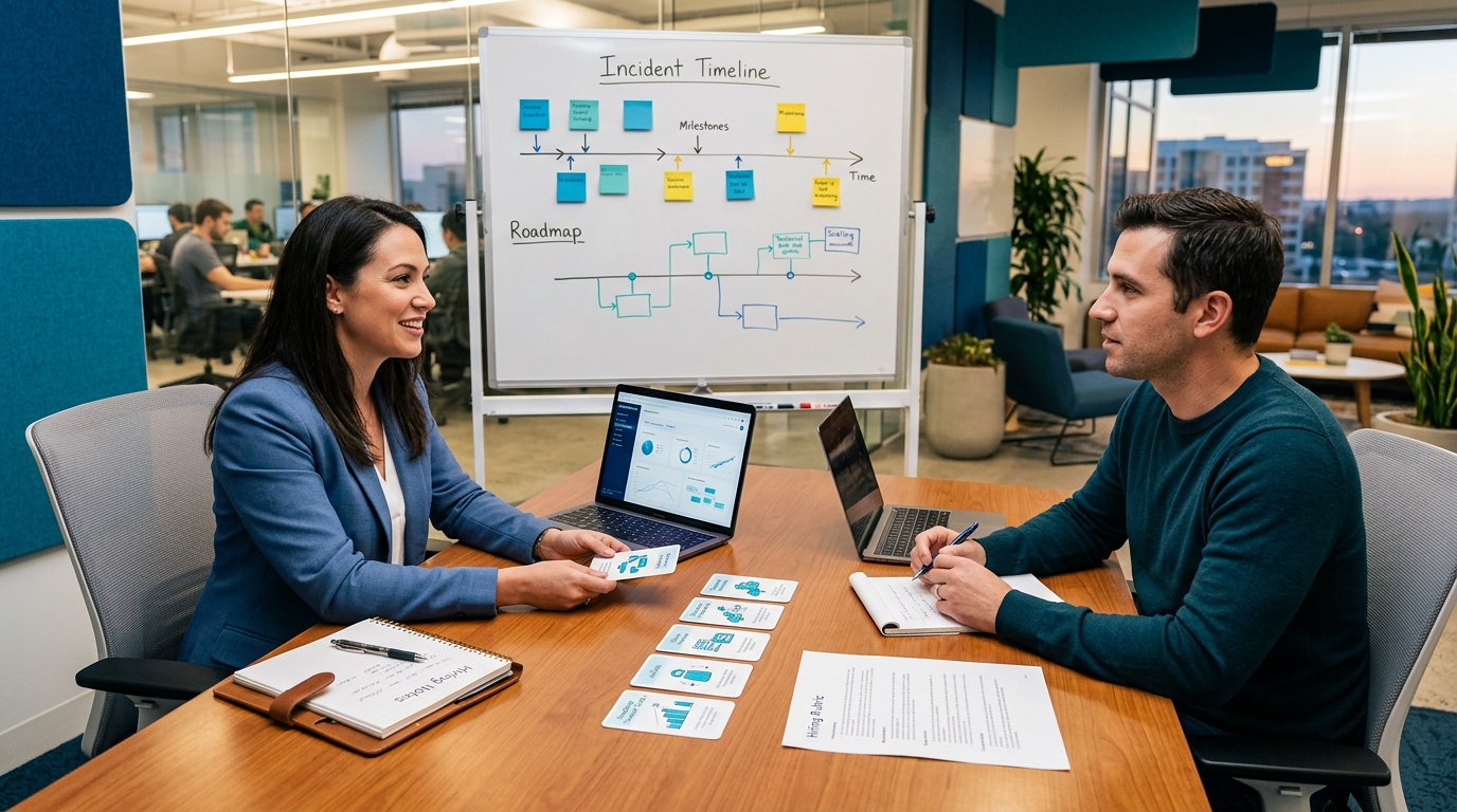 An engineering manager preparing behavioral interview stories with hiring notes, roadmap tradeoffs, and blue teal lighting.