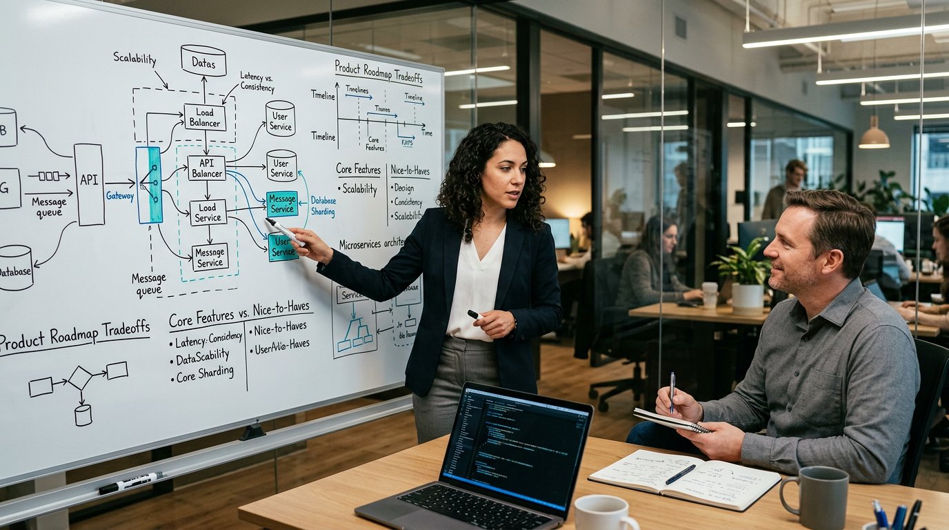 An engineering manager interview-prep workspace with architecture maps, roadmap notes, and blue teal lighting.