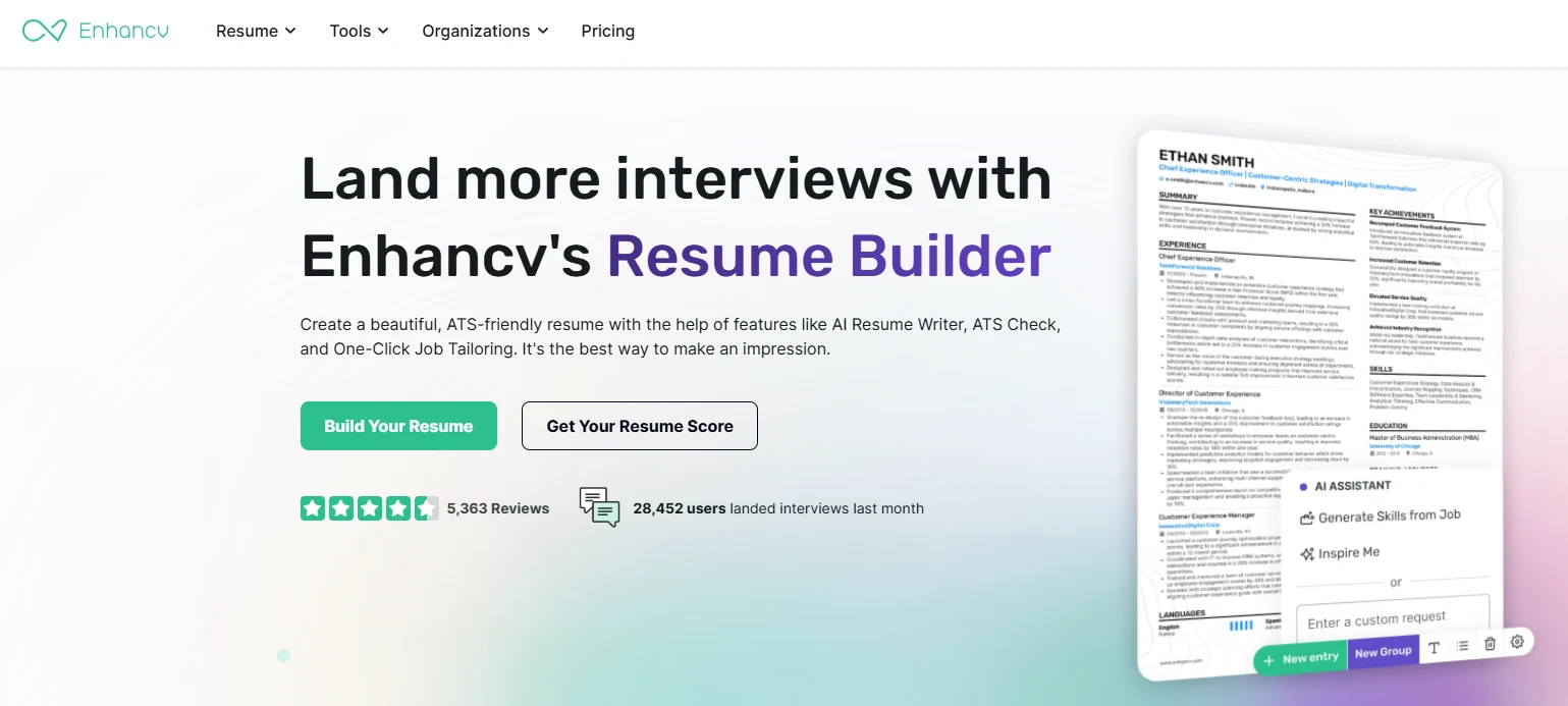 Enhancv homepage showing its resume builder, resume preview and AI editing tools.