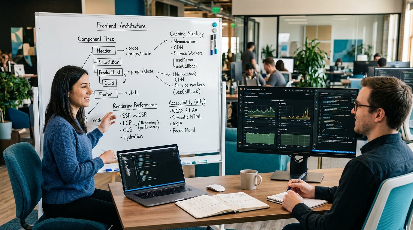 A frontend engineer practicing system design with component diagrams, performance dashboards, and blue teal lighting.