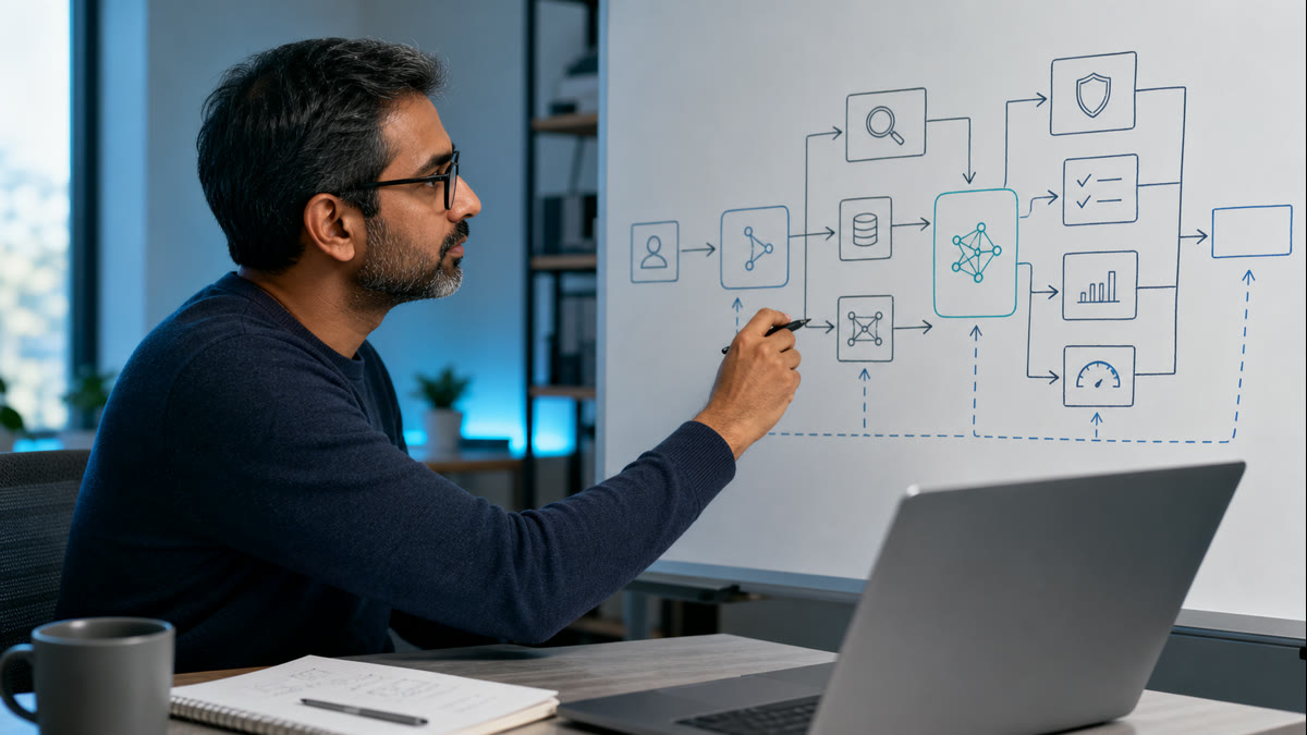 Engineer preparing a generative AI system design architecture on a whiteboard
