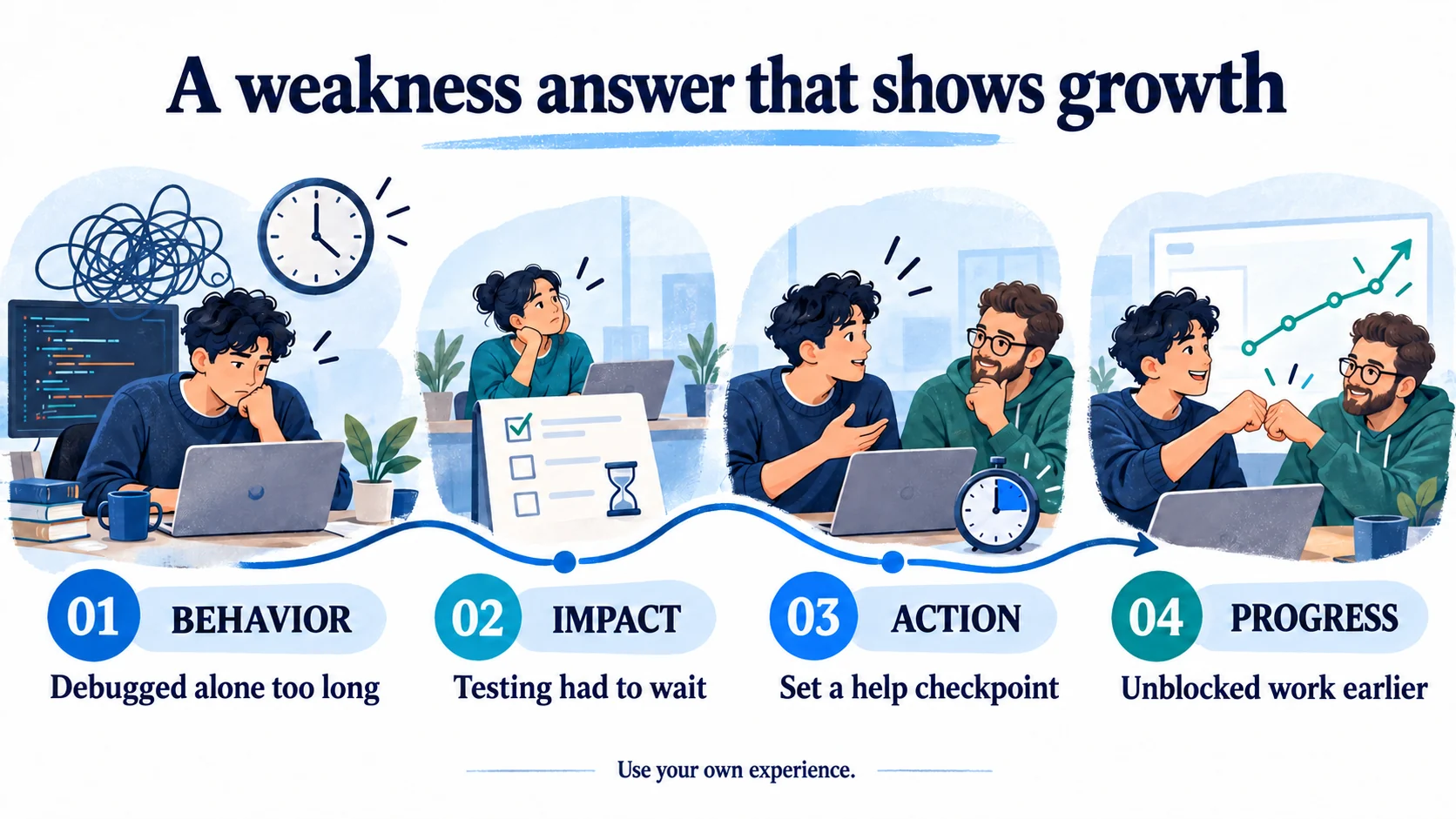 Four illustrated stages of a weakness answer: debugging alone too long, delaying testing, setting a help checkpoint, and unblocking work earlier.