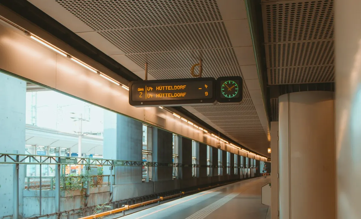 Vienna subway platform with a clock and a digital sign showing the next train times