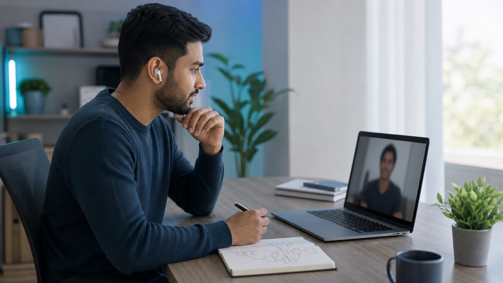 A technical candidate calmly listening to a follow-up question during a remote interview.
