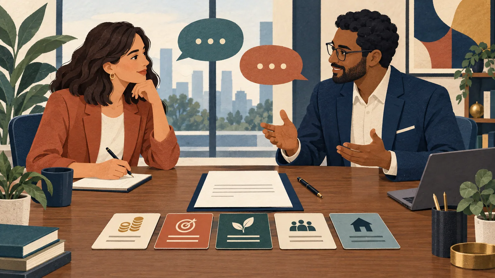 Candidate and recruiter reviewing a written job offer and compensation cards during a constructive salary negotiation.