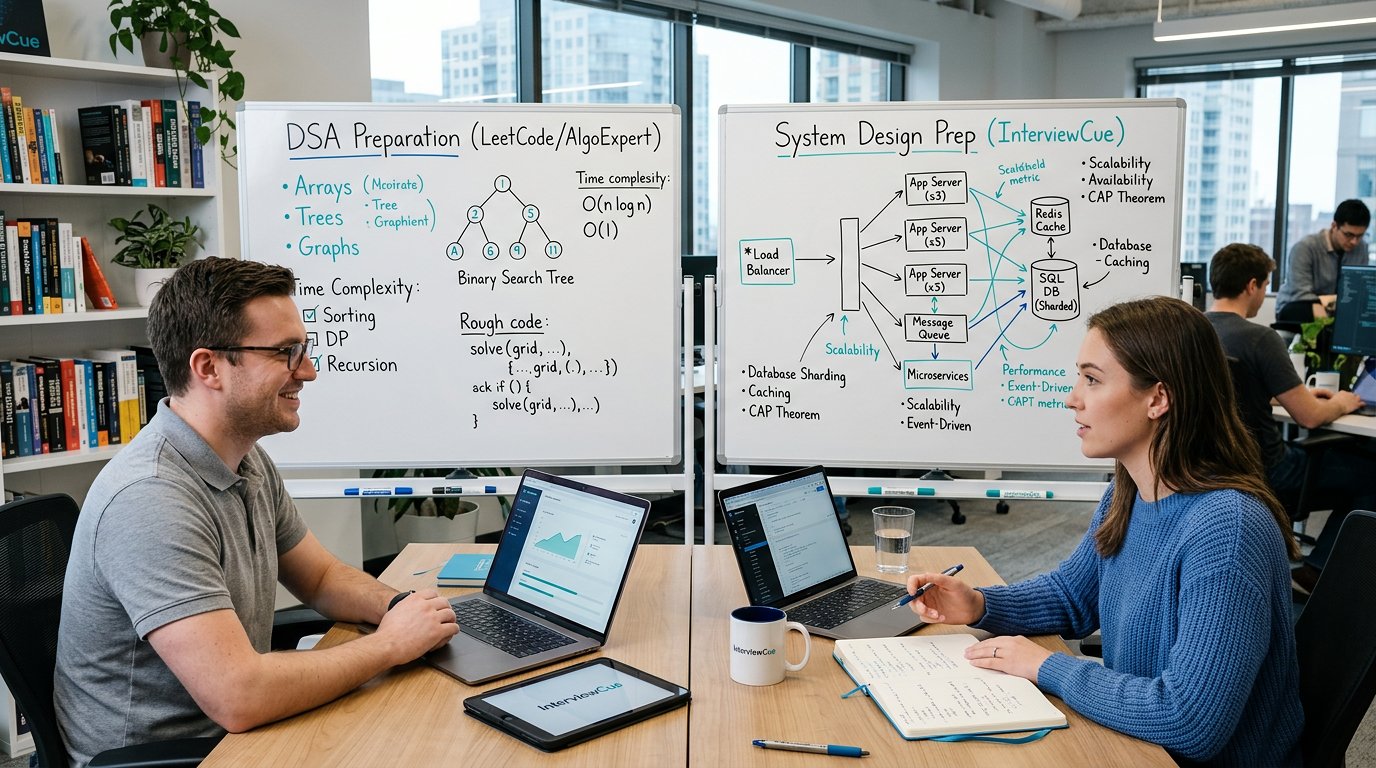 A software engineer comparing two AI interview prep workflows on a laptop with blue teal lighting.