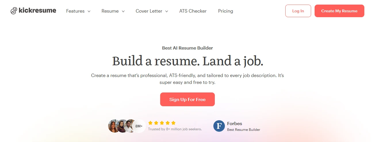 Kickresume homepage showing its resume builder introduction and template-based writing offer.
