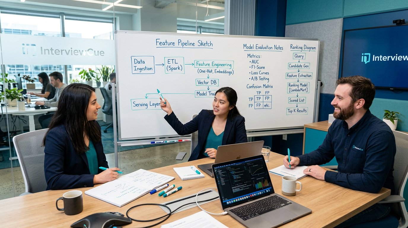 An ML engineer preparing for system design interviews with feature pipeline sketches and blue teal lighting.