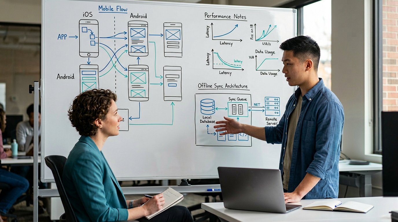 A mobile engineer practicing interview answers beside app architecture sketches, performance notes, and blue teal lighting.