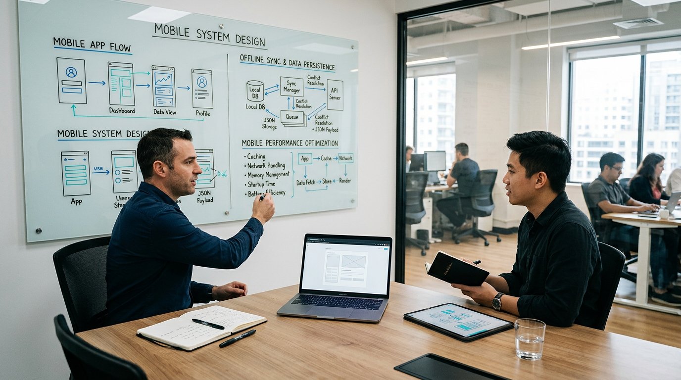 A mobile system design interview workspace with app flow sketches, sync diagrams, and blue teal lighting.