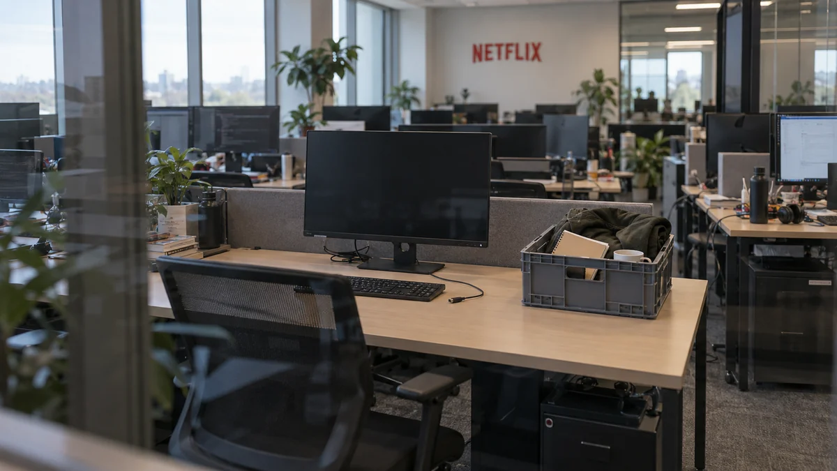 AI-generated editorial photo illustration of a cleared workstation and personal belongings in a crate, with a Netflix sign beyond the glass, representing a workforce reduction.