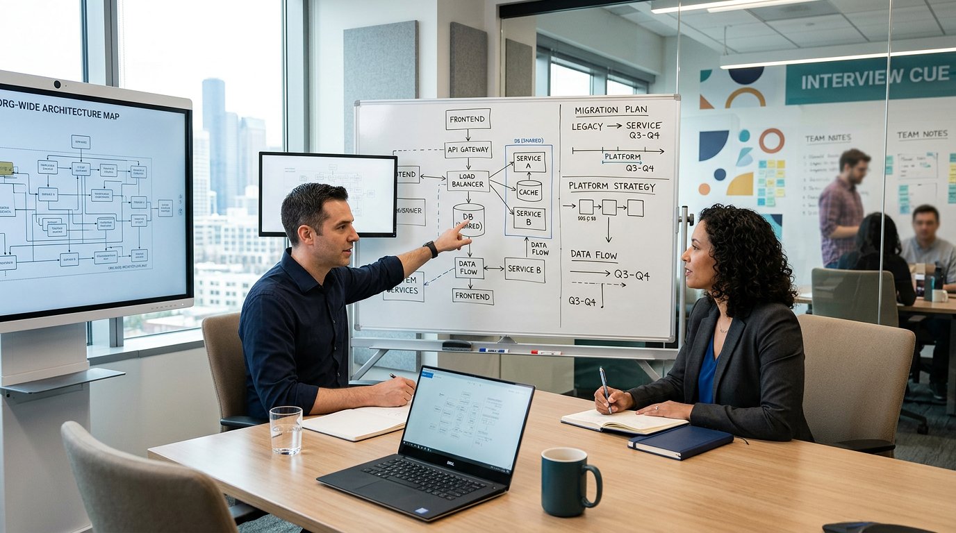 A principal engineer interview-prep workspace with org-wide architecture maps, migration plans, and blue teal lighting.