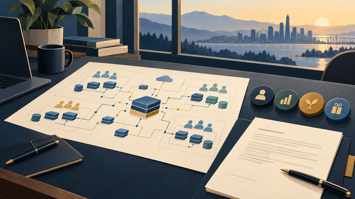 Software architecture blueprint connecting multiple engineering teams beside an unsigned offer and four compensation symbols.