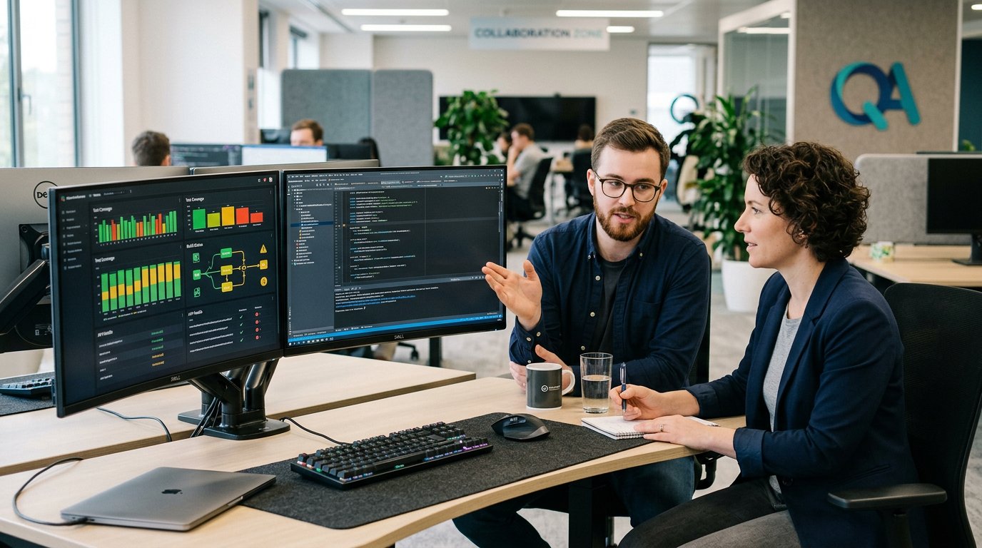A QA automation engineer preparing for interviews with test dashboards, CI cues, and blue teal lighting.