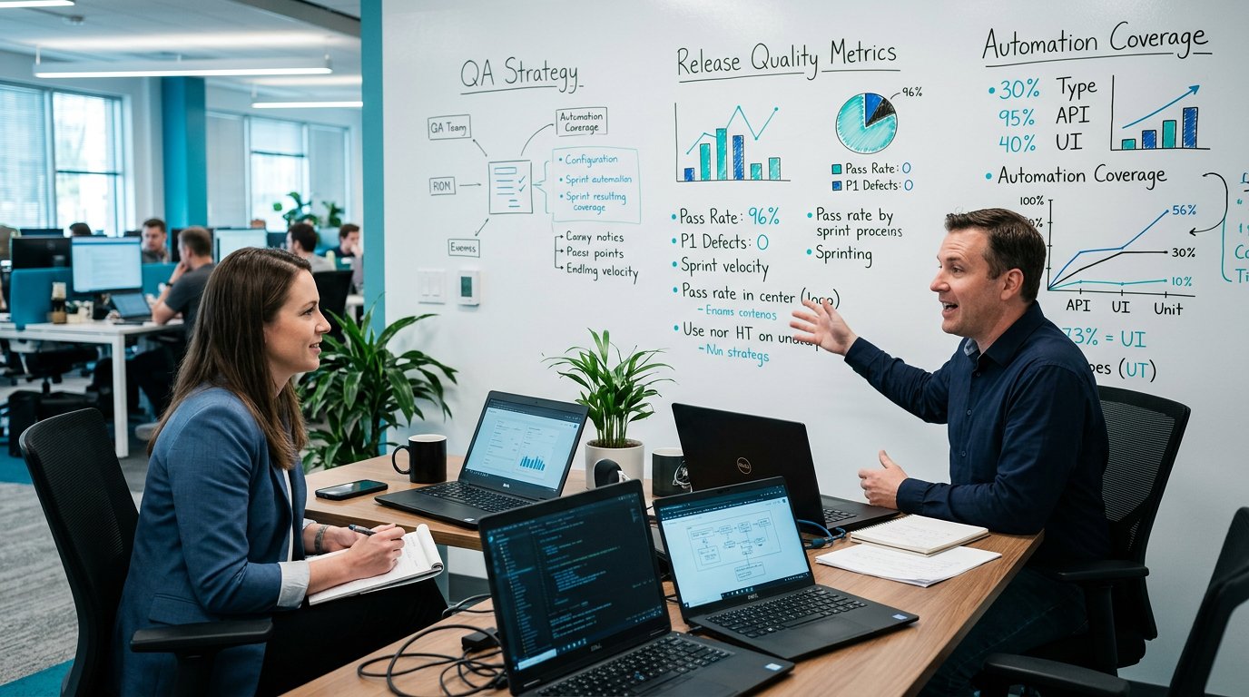 A QA lead interview-prep workspace with test strategy boards, automation notes, and blue teal lighting.