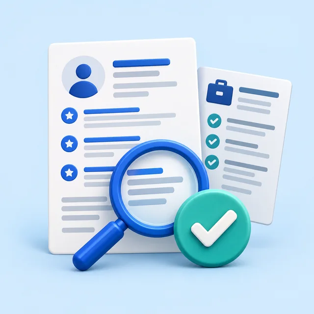 Illustration of a resume, job requirements, magnifying glass and checkmark representing resume matching.