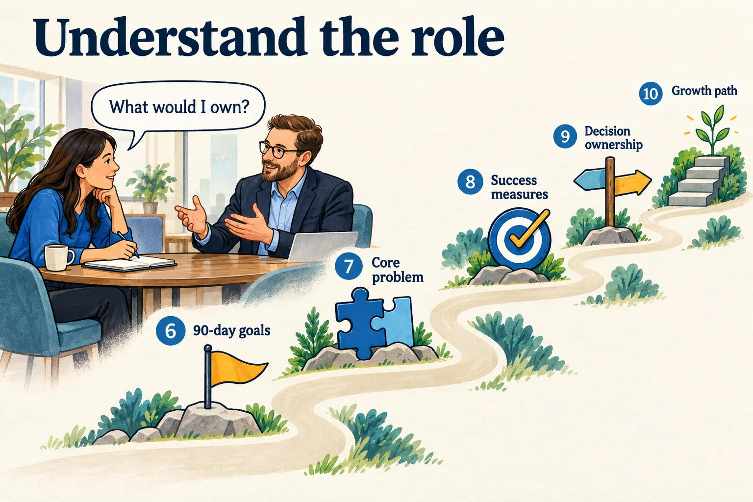 A candidate and hiring manager discuss a path through questions 6–10: 90-day goals, the core problem, success measures, decision ownership, and growth.
