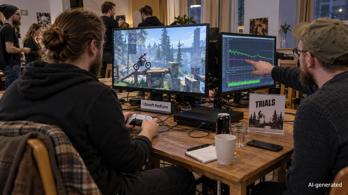 AI-generated editorial illustration of developers testing a motorcycle trials game and examining frame-time data at an imagined Helsinki meetup.
