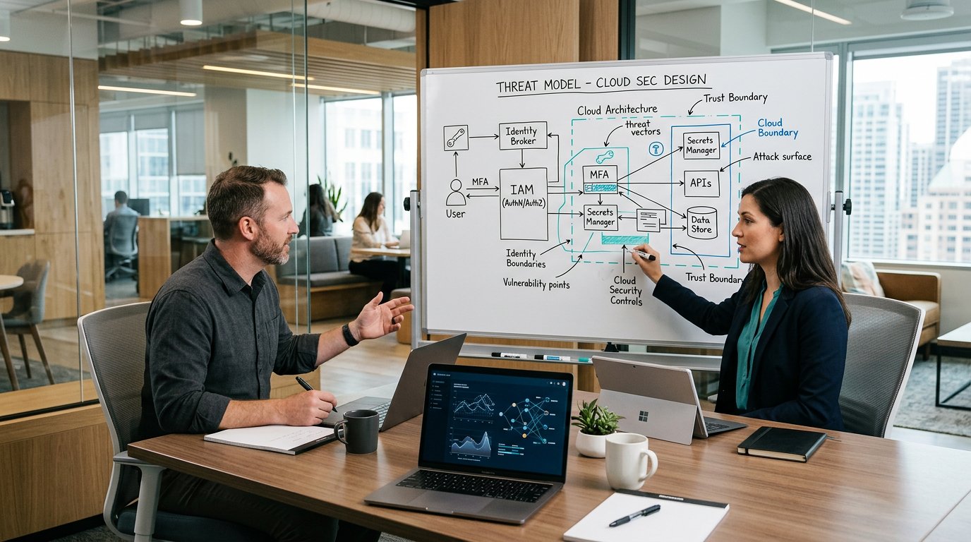 A security-focused system design interview workspace with threat models, architecture sketches, and blue teal lighting.