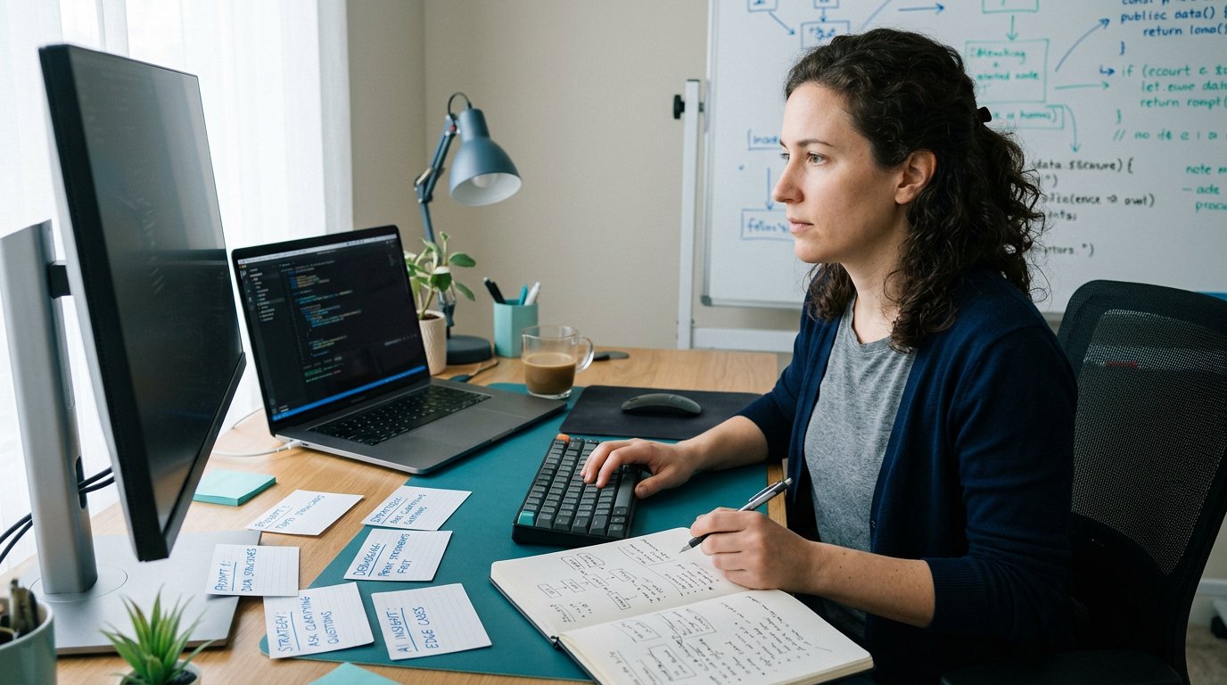 A software engineer preparing for an AI-assisted interview with code review notes, debugging sketches, and blue teal lighting.