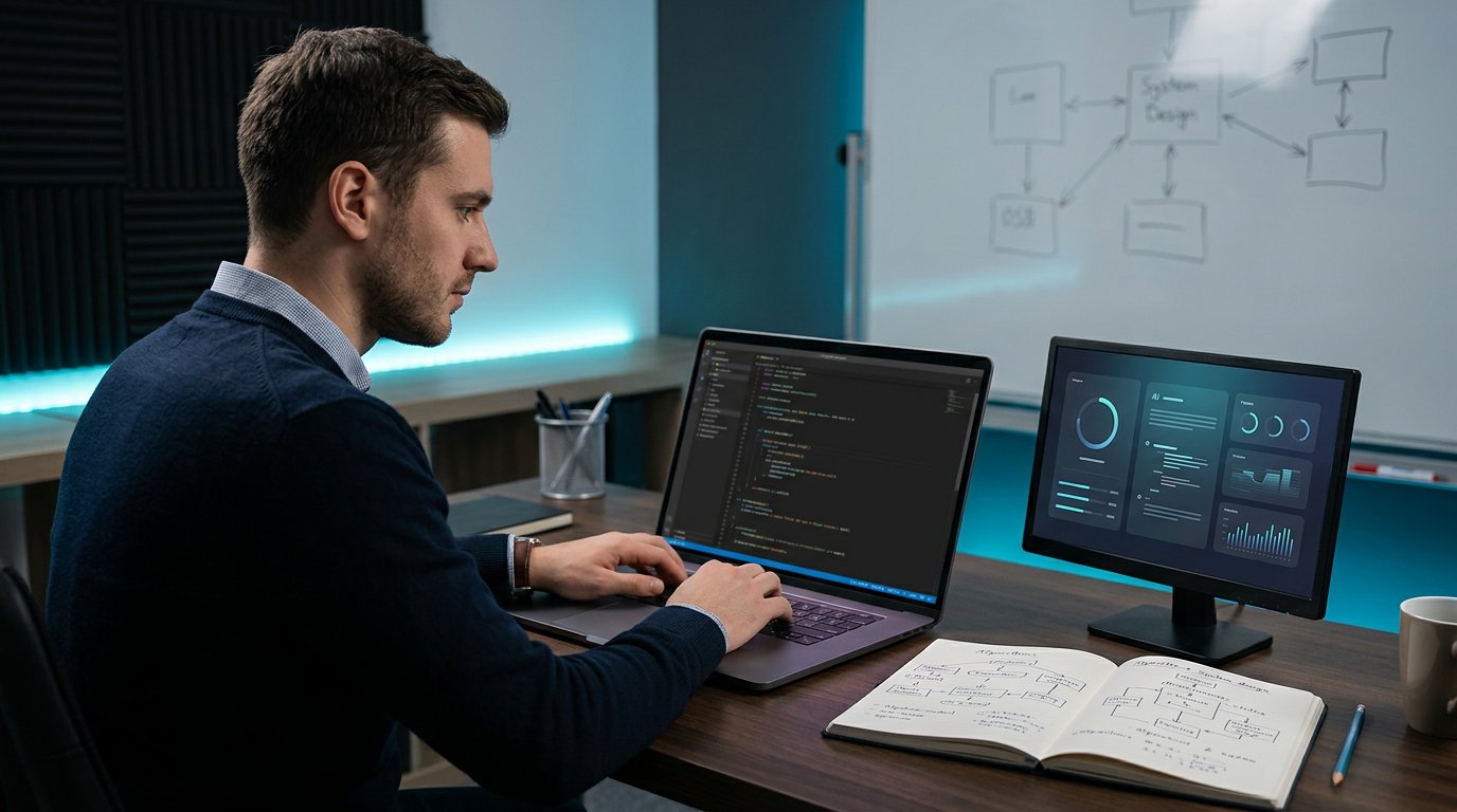 Software Engineer Interview Prep Guide hero image showing a software interview preparation workspace