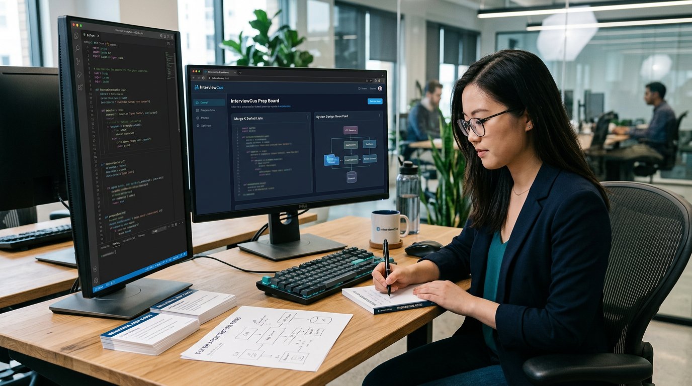 A software engineer preparing for interviews with coding prompts, system design notes, and blue teal lighting.