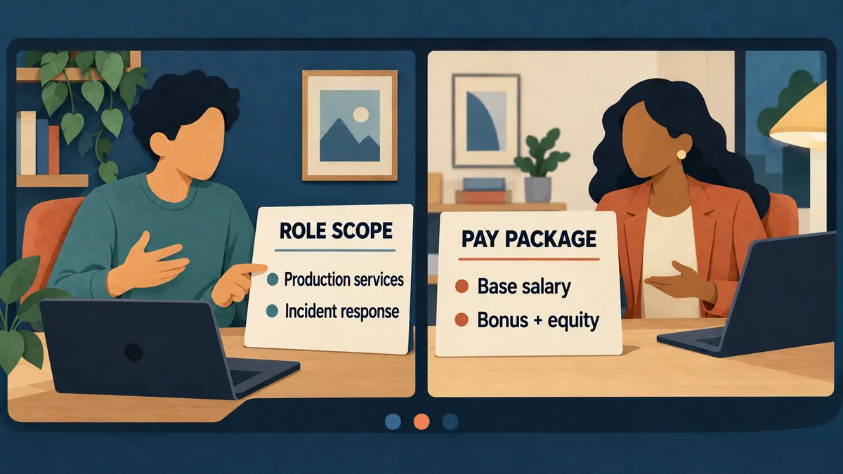 Software engineer and recruiter compare production services and incident response with base salary, bonus, and equity