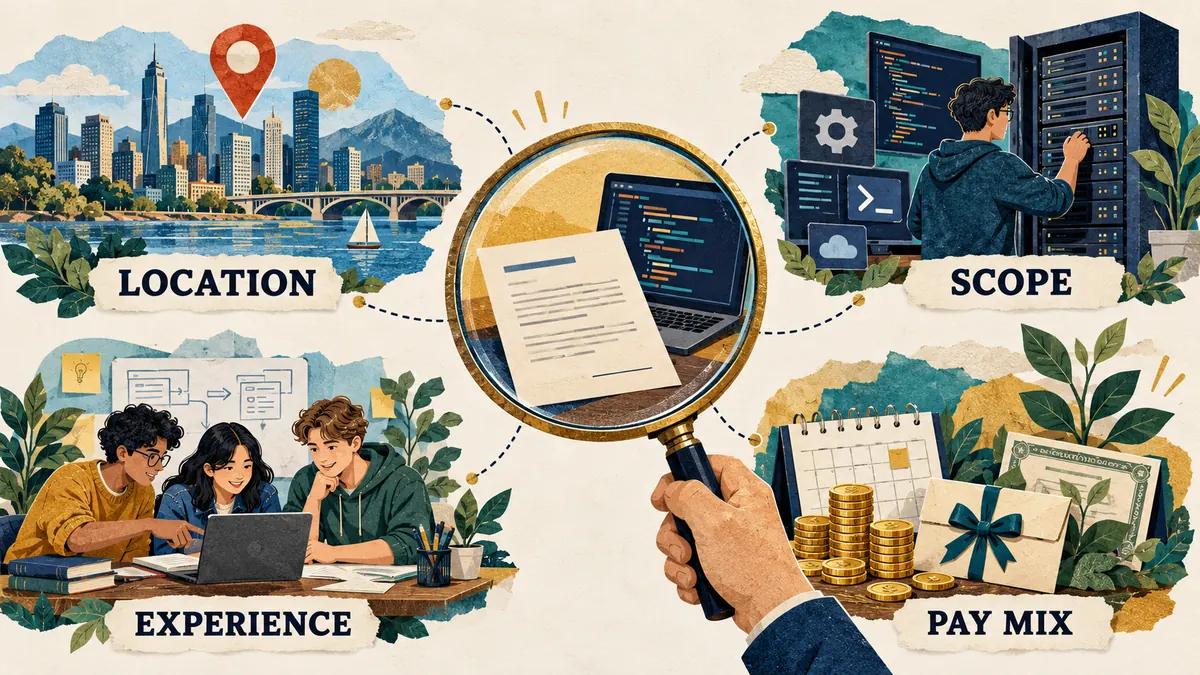 Magnifying glass compares a city map, production code tools, a team project, and an offer package: location, scope, experience, and pay mix.