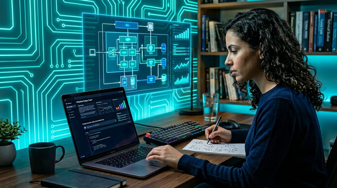 System Design Mock Interview AI Coach hero image showing a software interview preparation workspace