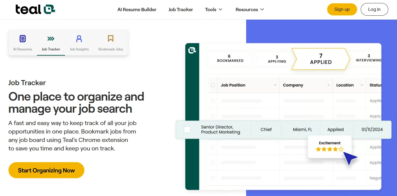 Teal Job Tracker overview showing bookmarked, applying, applied and interviewing application stages.