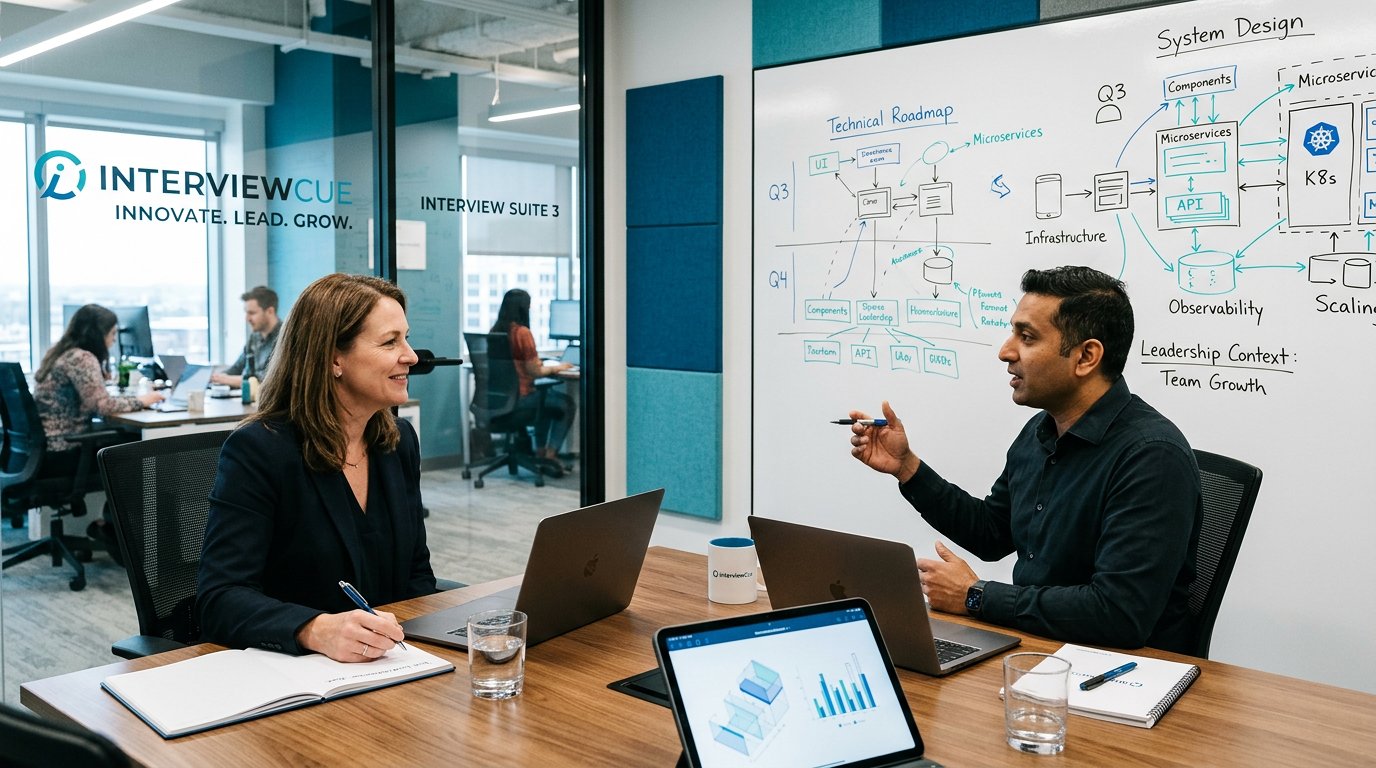 A technical leader preparing for an interview with architecture diagrams, roadmap notes, and blue and teal lighting.