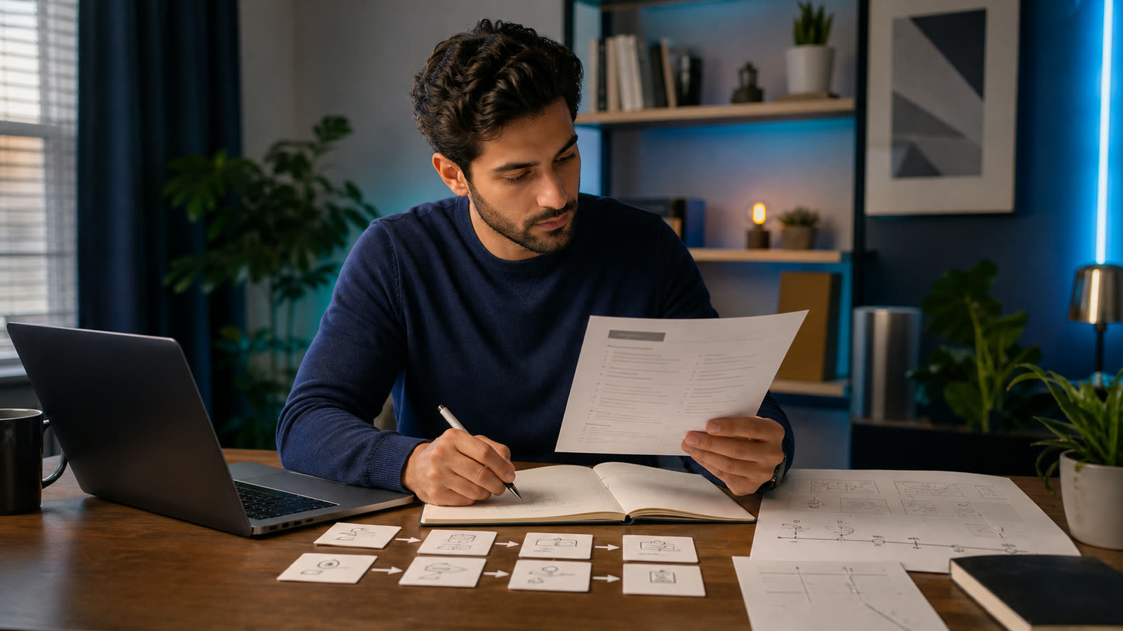 A technical candidate turning resume details into structured interview stories at a blue and teal workspace.