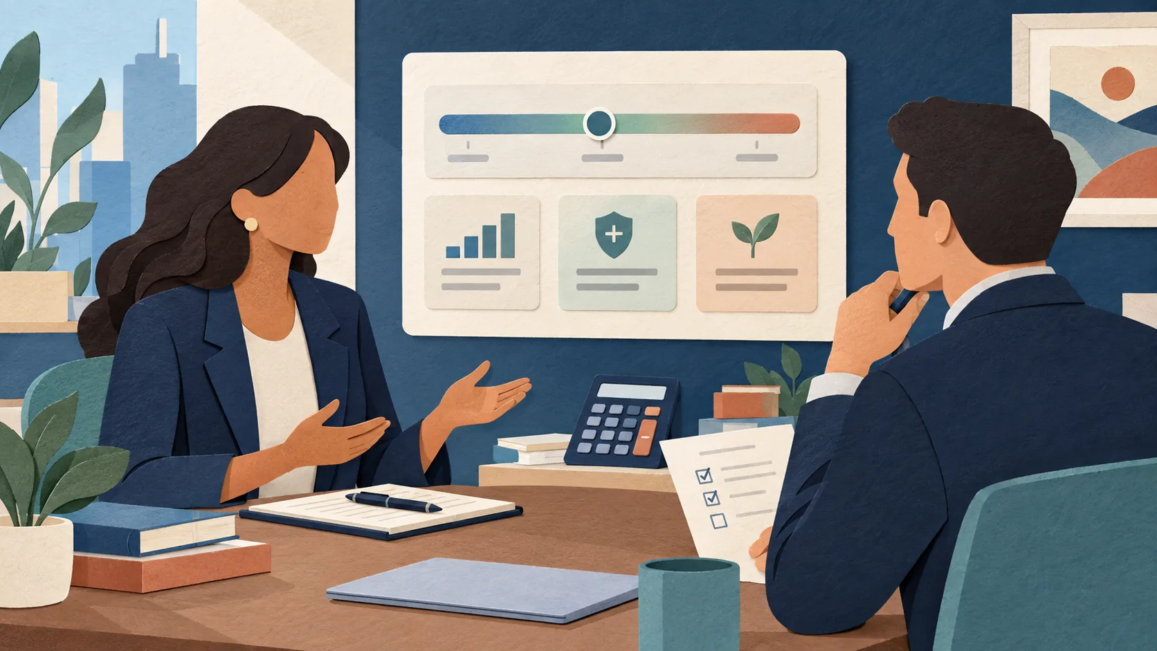 Two professionals discussing a researched salary range and compensation components during an interview.