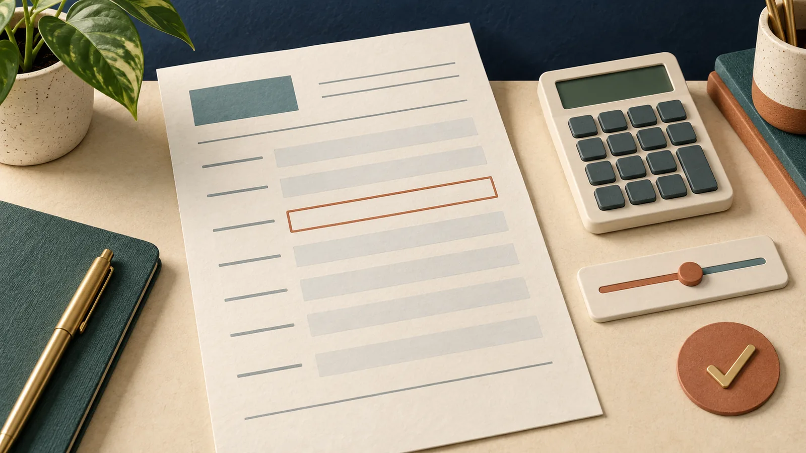 Editorial still life of a job application with a highlighted desired salary field, calculator, range control, and checkmark.