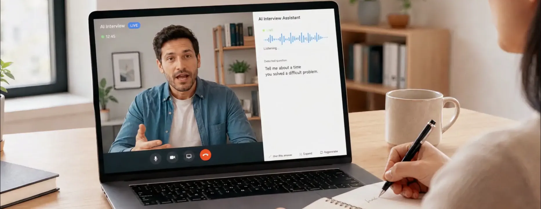 Candidate taking notes during a live video interview with an AI interview assistant displaying the detected question