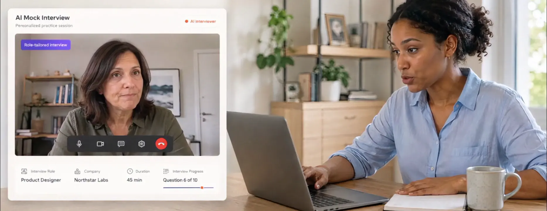 Candidate practicing a product designer mock interview with an AI interviewer in a role-tailored video session