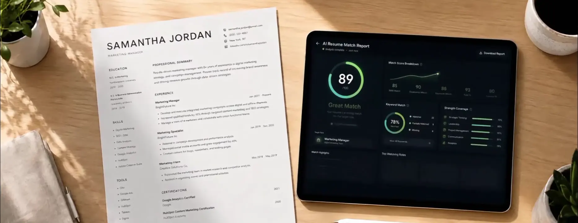 Printed marketing resume beside an AI resume match report showing an 89 out of 100 job-match score